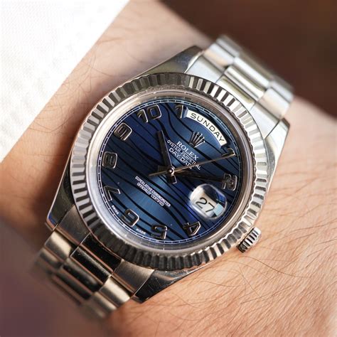 rolex platinum day date blue dial|rolex white gold blue dial.